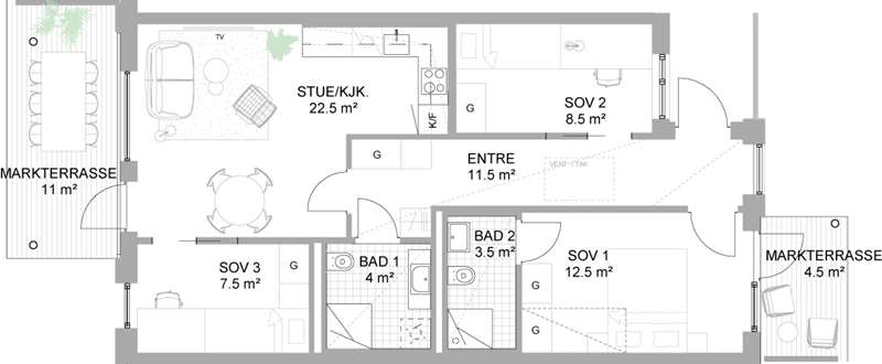 Standard planløsning: 4-roms leilighet

